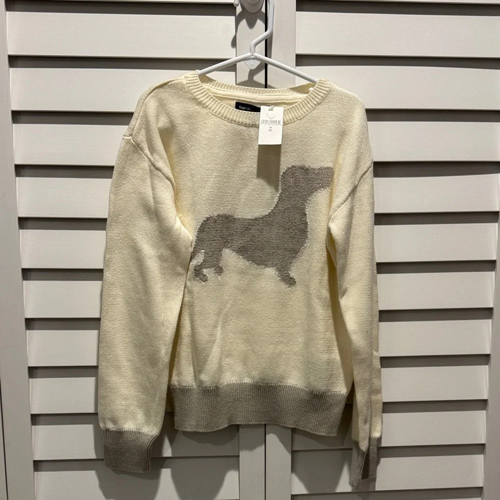 GAP Kids Cream and Gray Metallic Sweater with Dog Design
